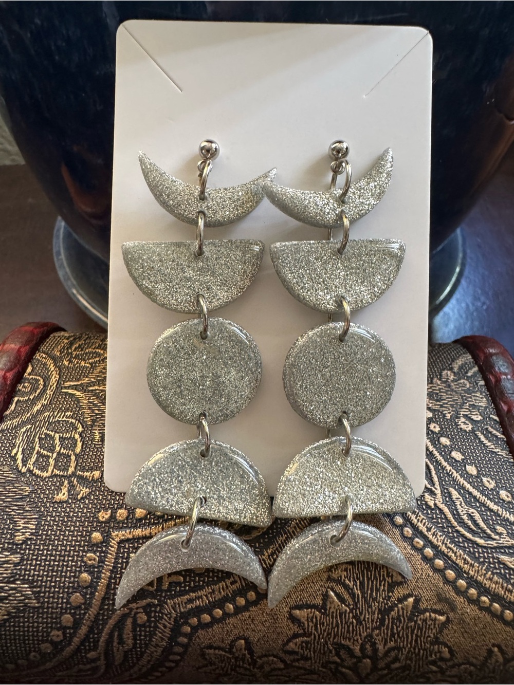Silver Glitter Moon Phase Earrings